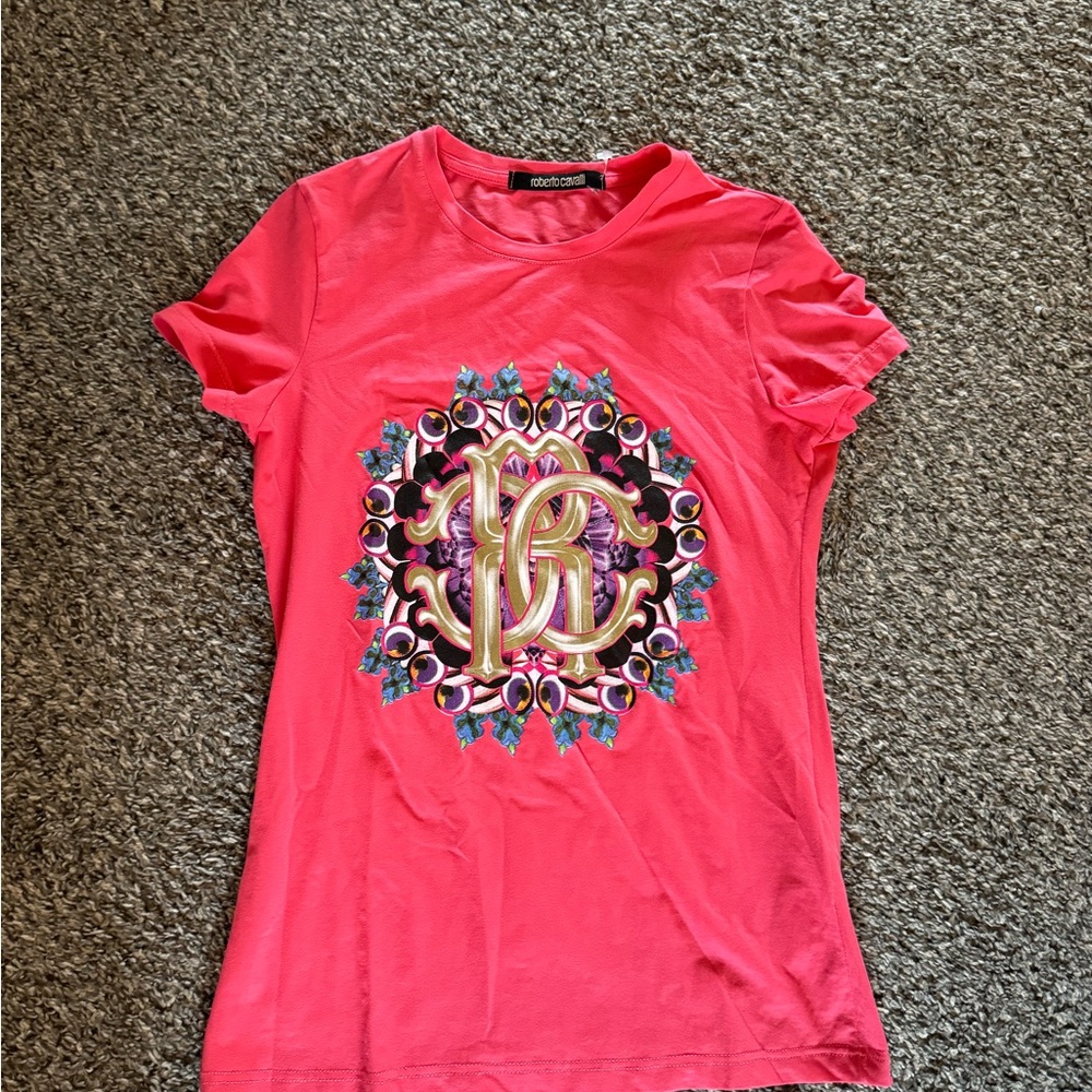 Roberto Cavalli Coral Graphic Short Sleeve Top